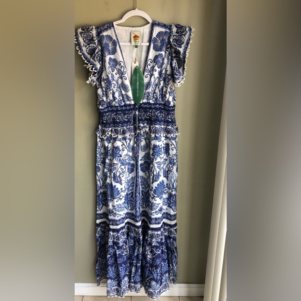 NWT! Farm Rio Shell Garden Cotton Ruffle Maxi Dress Size: L - Picture 2 of 14